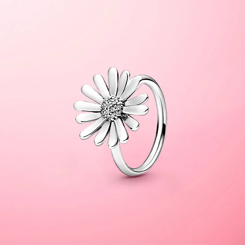 

Fine Jewely 925 Sterling Silver Pave Daisy Flower Statement Finger Ring For Women Brand Original Silver 925 Rings Gift