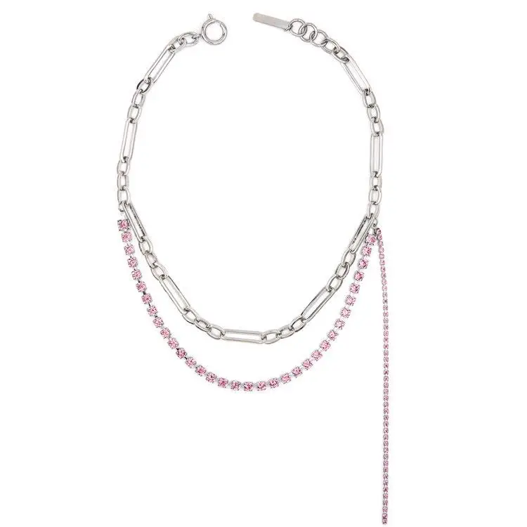 

Fashion Brand Necklace 2020 New European and American Street Shot Metallic Chain Pink Diamond Necklace