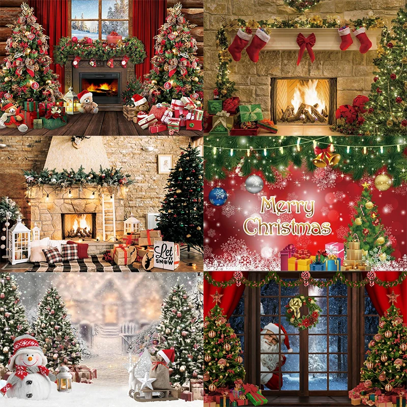 

Christmas Tree Backdrop Santa Claus Snowflake Sock Party Window Fireplace Photography Background Girls Boys Photographic Banner