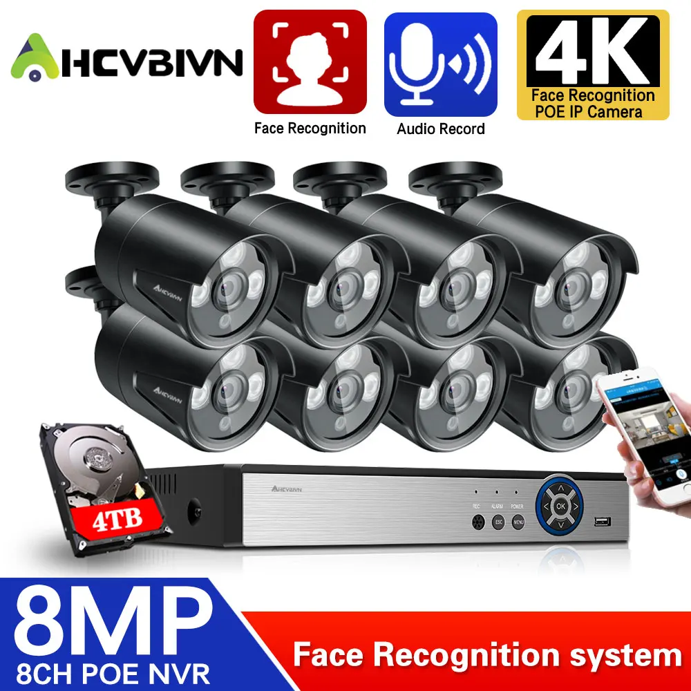 

HD Face Detection 8CH 8MP NVR Kit Audio Vandal-proof Bullet 4K POE IP Camera CCTV Security System Outdoor Video System Set