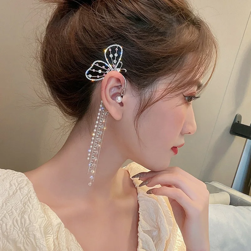 

1 PC Exaggerated Colorful Rhinestone Big Butterfly Ear Hook Drop Earrings For Girl Luxury Crystal Tassel Dangle Earrings Jewelry