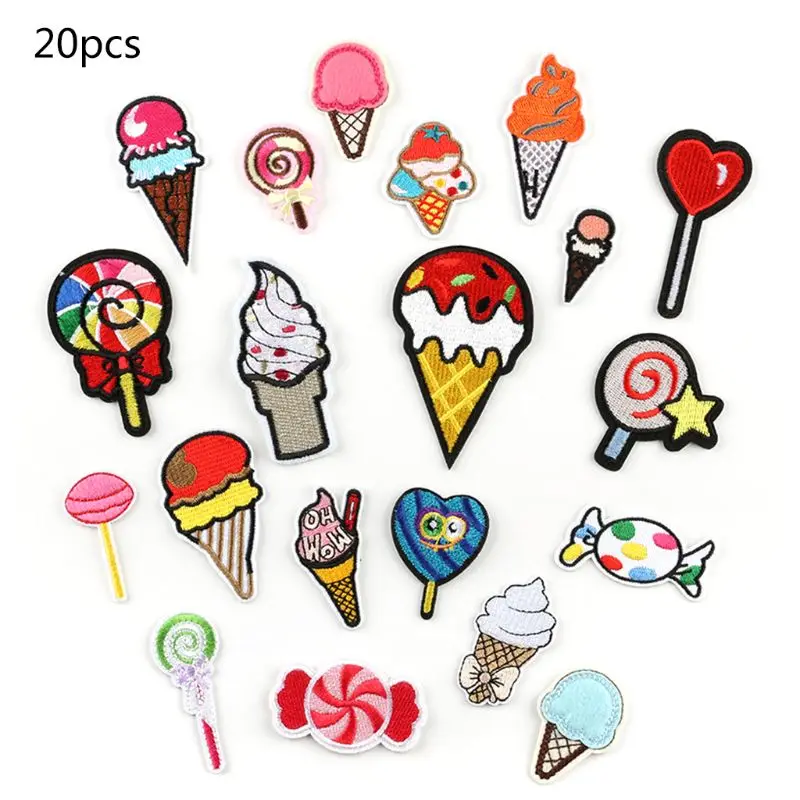 

20Pcs Cartoon Sweets Lollipop Ice Cream Patches Iron On Kids Embroidered Decorative Sewing Applique for Clothes Bag DIY