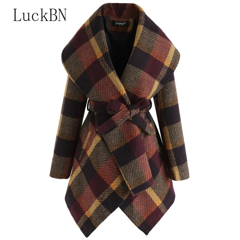 

Big Collar Women's Wool & Blends Fall Winter Clothing New Office Ladies Woolen Plaid Coat Woman Abrigos Mujer Elegante Belt