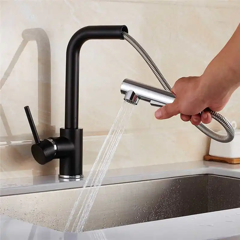

Смесители для домашней кухни, черный выдвижной смеситель с одной ручкой, вращение на 360 °, из латуни, для раковины, умывальника, варочной пане...