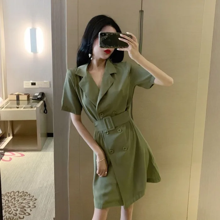 

Fresh Internet Celebrity Same Fashion Elegant Suit Collar Double Breasted Lace up All-Match Cinched Slimming Short Sleeves Dress