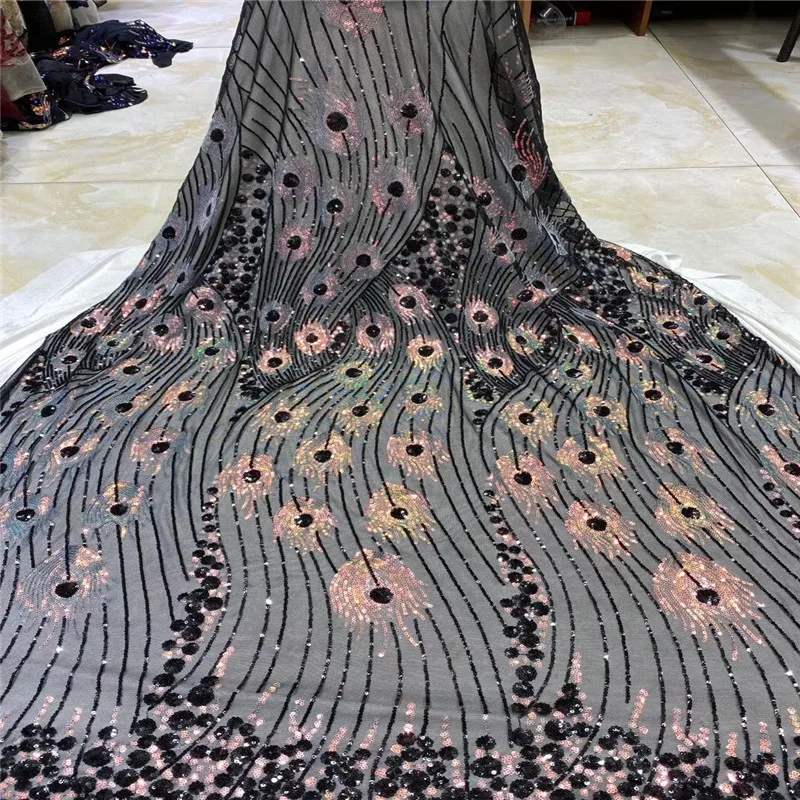 

Black/gold Embroidery Leaves Pattern Lace with Sequins Hot Sale African French Tulle Lace Fabric SequinS Lace Fabric for Bridal