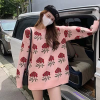 winter 2021 new pullover sweater loose outer wear mid length knitted rose top womens ins super fire embroidery sweater