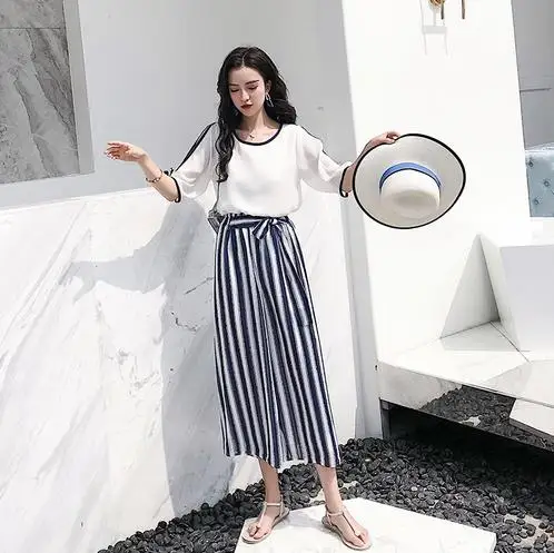 Новые летние 2019 Для женщин модные комплекты одежды в полоску из двух предметов