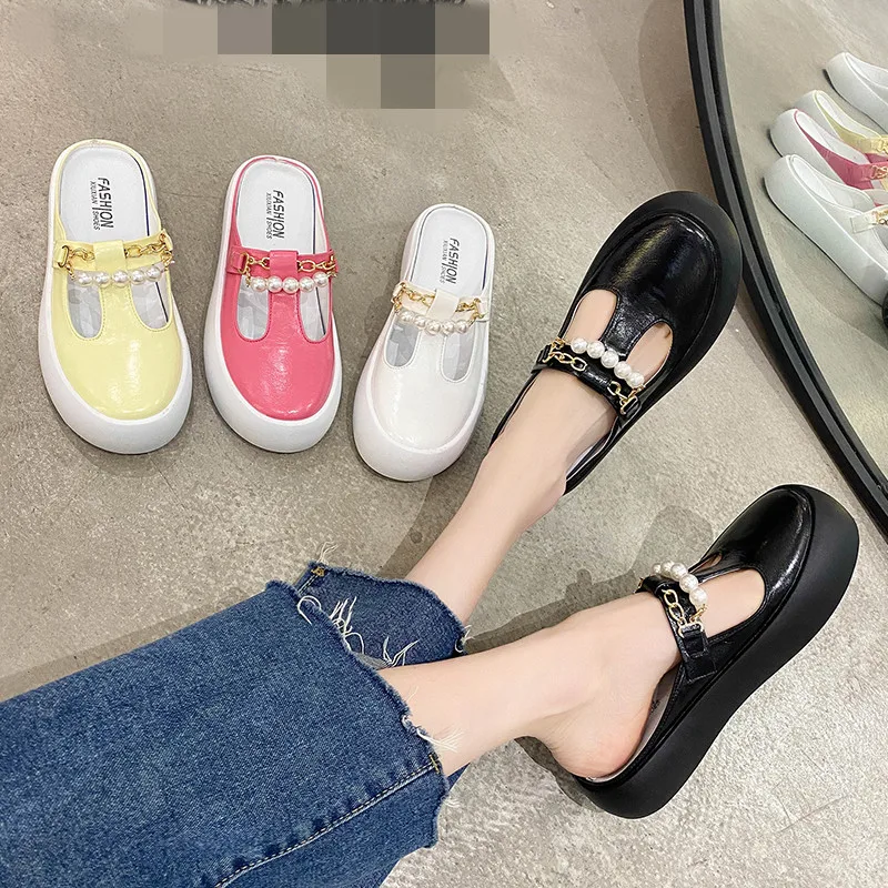 

Cover Toe Flat Shoes Female Woman's Slippers Med Luxury Slides Platform String Bead 2021 Summer Designer Bonded Leather Basic Ru