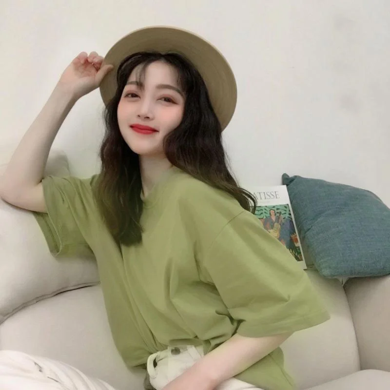 Женская летняя футболка в Корейском стиле Однотонная средней длины с коротким