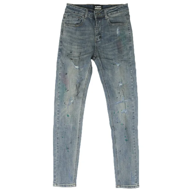 

Multicolor Paint Splatter Jeans Vintage Blue Stretch Denim jean Slim Fit Biker Pants Men Streetwear