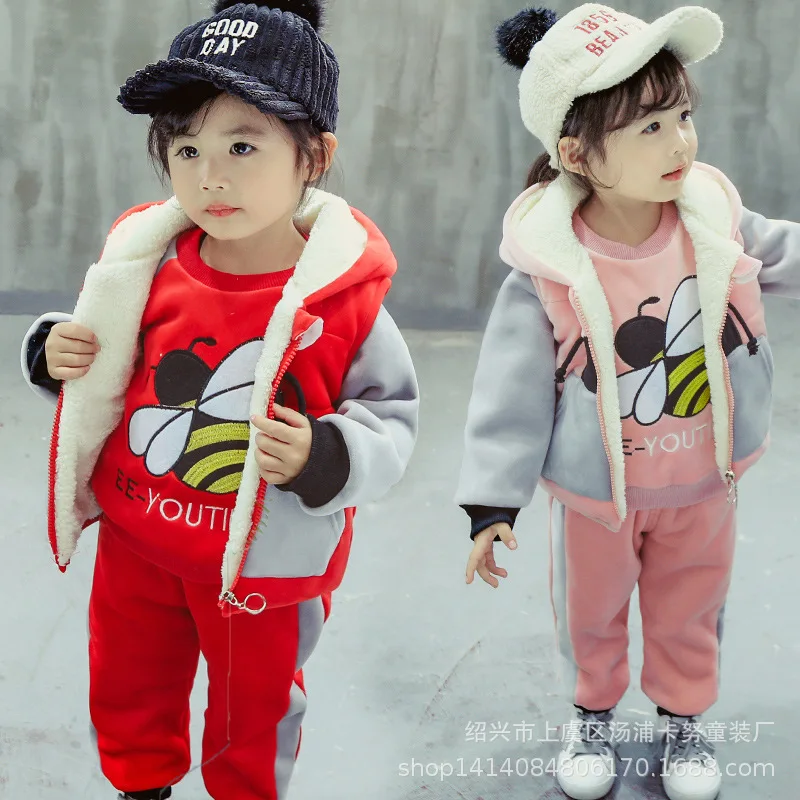 Baby Boys Girls Warm Set Winter Cartoon cat Kids Thickening Hooded Vest+Sweater+Pant Three-piece Sport Suits Children Clothing