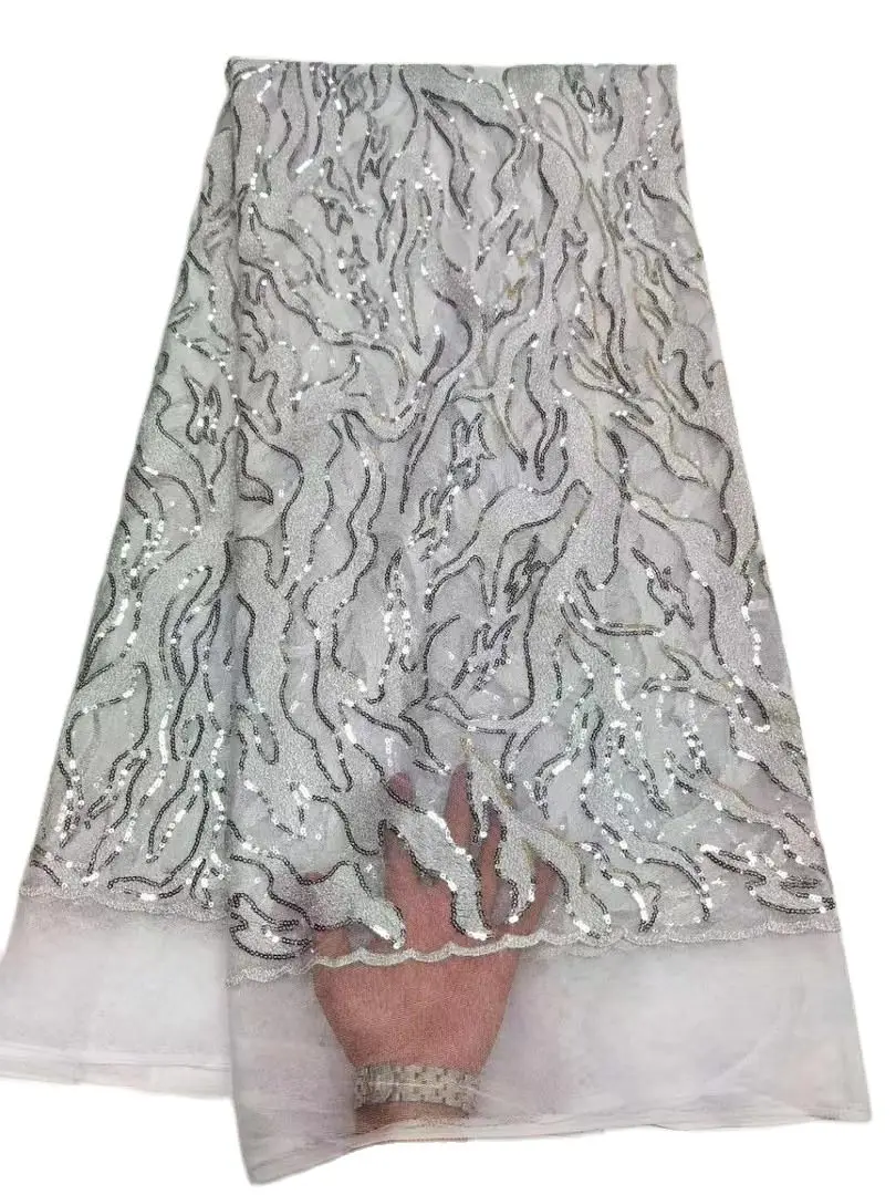 

White Embroidery Sequins Shinning Nigeria Party Lady Dress Material 2021 Silver Turtle African Aso Ebi Fabric High Quality T061