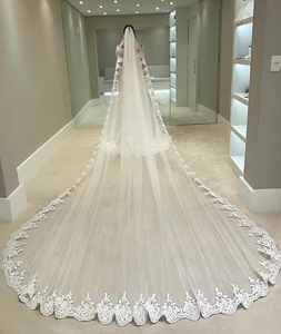 White Ivory 4 Meters Long Full Edge Lace Wedding Veil One Layer Tulle Bridal Veil with Comb Wedding Accessories Veu Velo Noiva