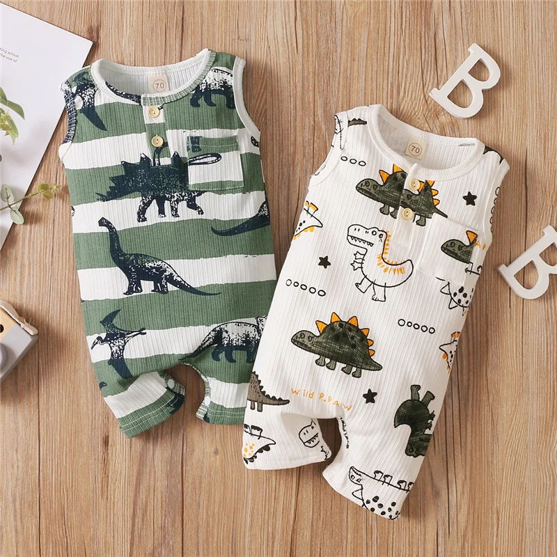

Baby Dinosaur Print Short Romper, Boys Sleeveless O-neck Jumpsuit with Pocket for Summer