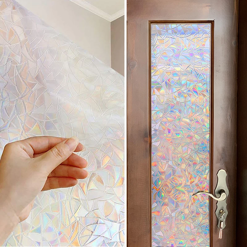

3D Rainbow Effect Decorative Window Film Stained Privacy Glass Vinyl Film Static Non-Adhesive Clings for Home Window Sticker