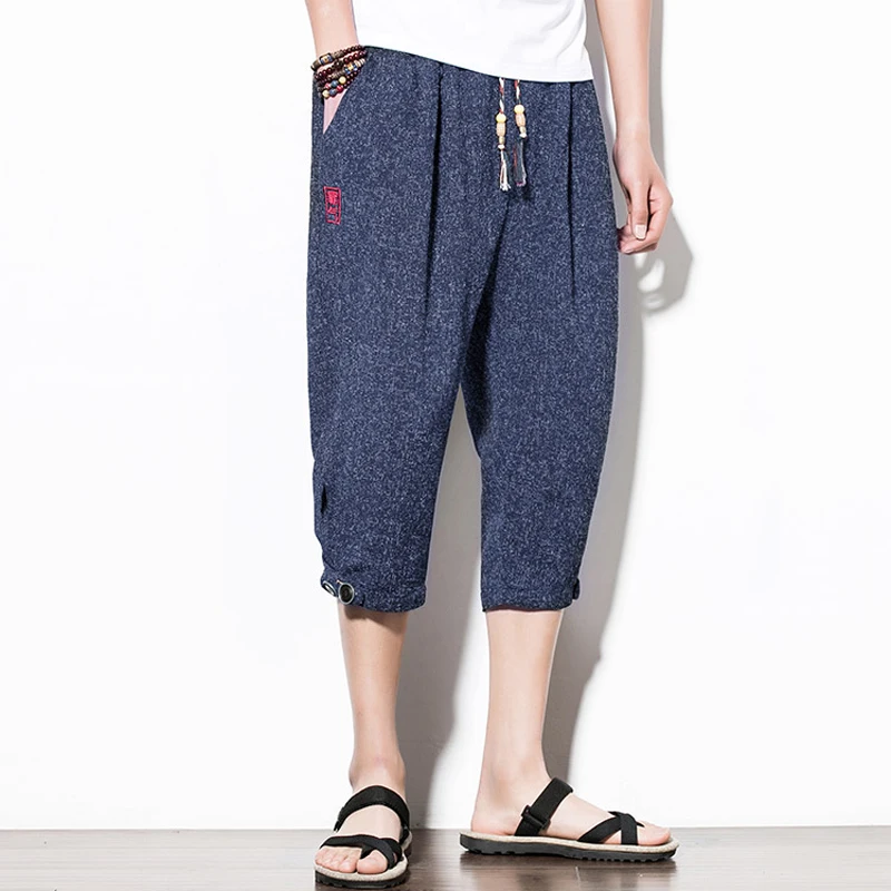 

2021Ready Stock Mens Cropped Cross Pants Summer Men Wide-Legged Bloomers Calf-Length Trousers Male Korean Style Harem Pants Men