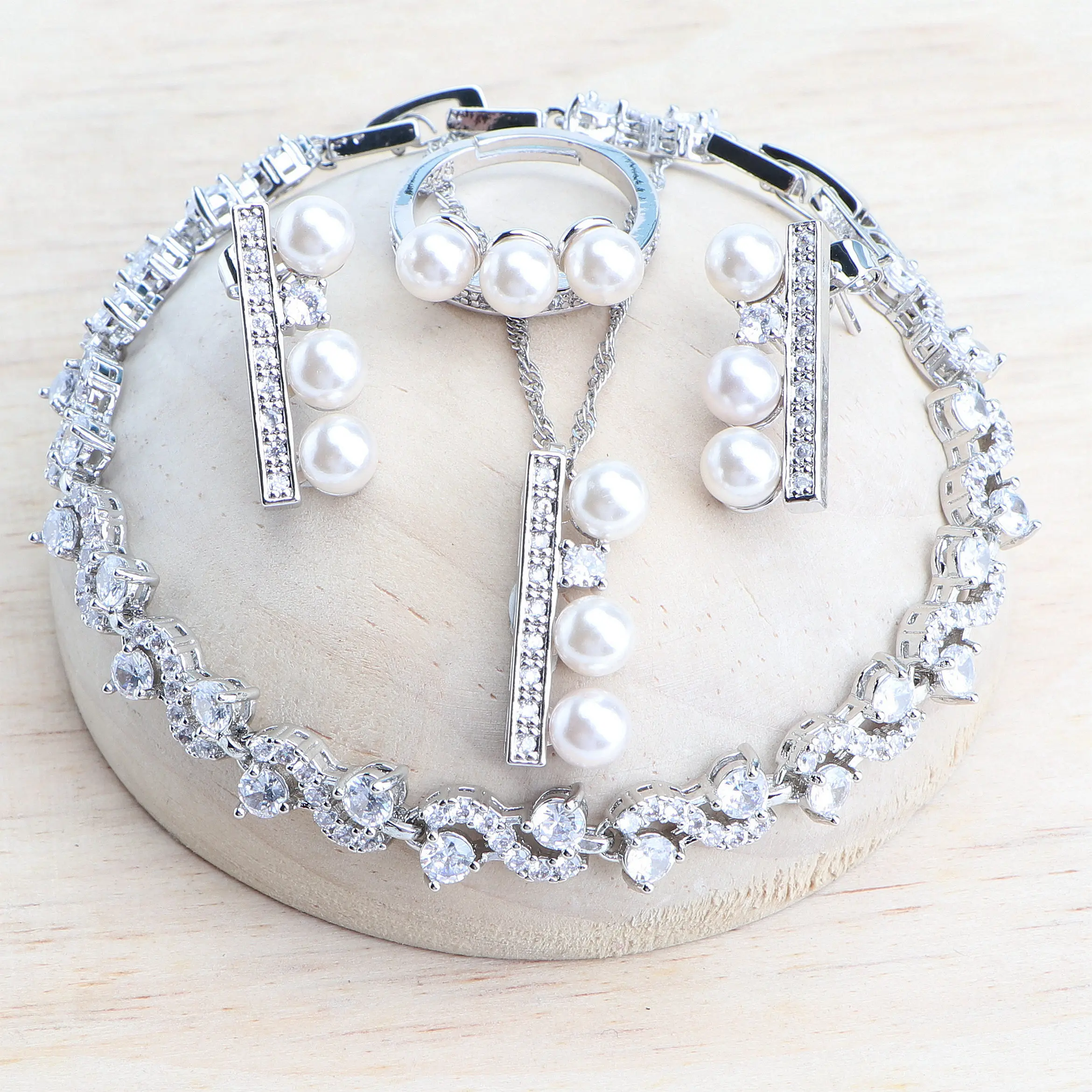 

Silver 925 Jewelry Sets Pearl Wedding White Zircon Bridal Necklace Set Jewelry Rings Stones Earrings Pendant Bracelet For Women