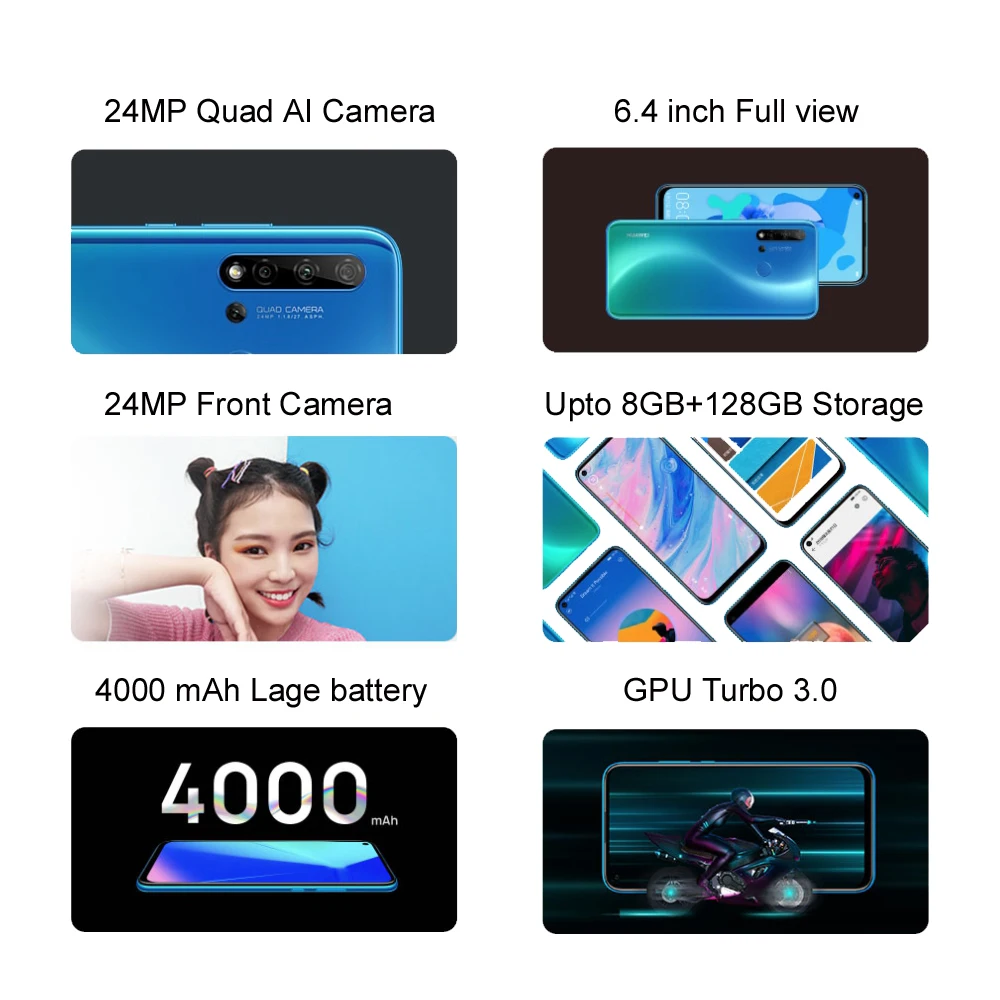 Huawei Nova 5i смартфон 6 ГБ 128 4000 мАч Google Play Смартфон Android 9 0 24MP Quad AI камера 4 дюймов FHD +