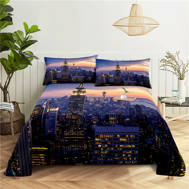 

City Night Scene 0.9/1.2/1.5/1.8/2.0m Digital Printing Polyester Bed Flat Sheet With Pillowcase Print Bedding Set
