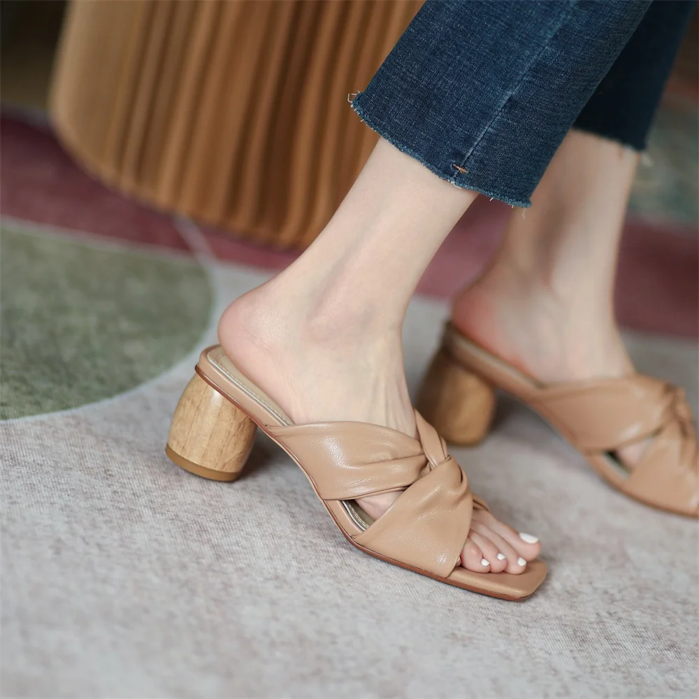 Kanseet Pleated Design 2021 Summer Women Shoes Round Heels Slippers Square Toe Soft Microfiber Leather High Heel Female Footwear