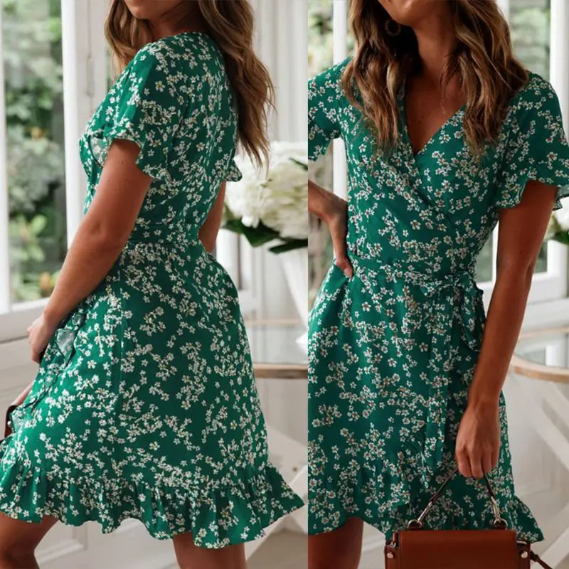 

Women Short Sleeve Floral A-Line Mini Dress Sexy Wrap V-Neck Ruffles Sundress