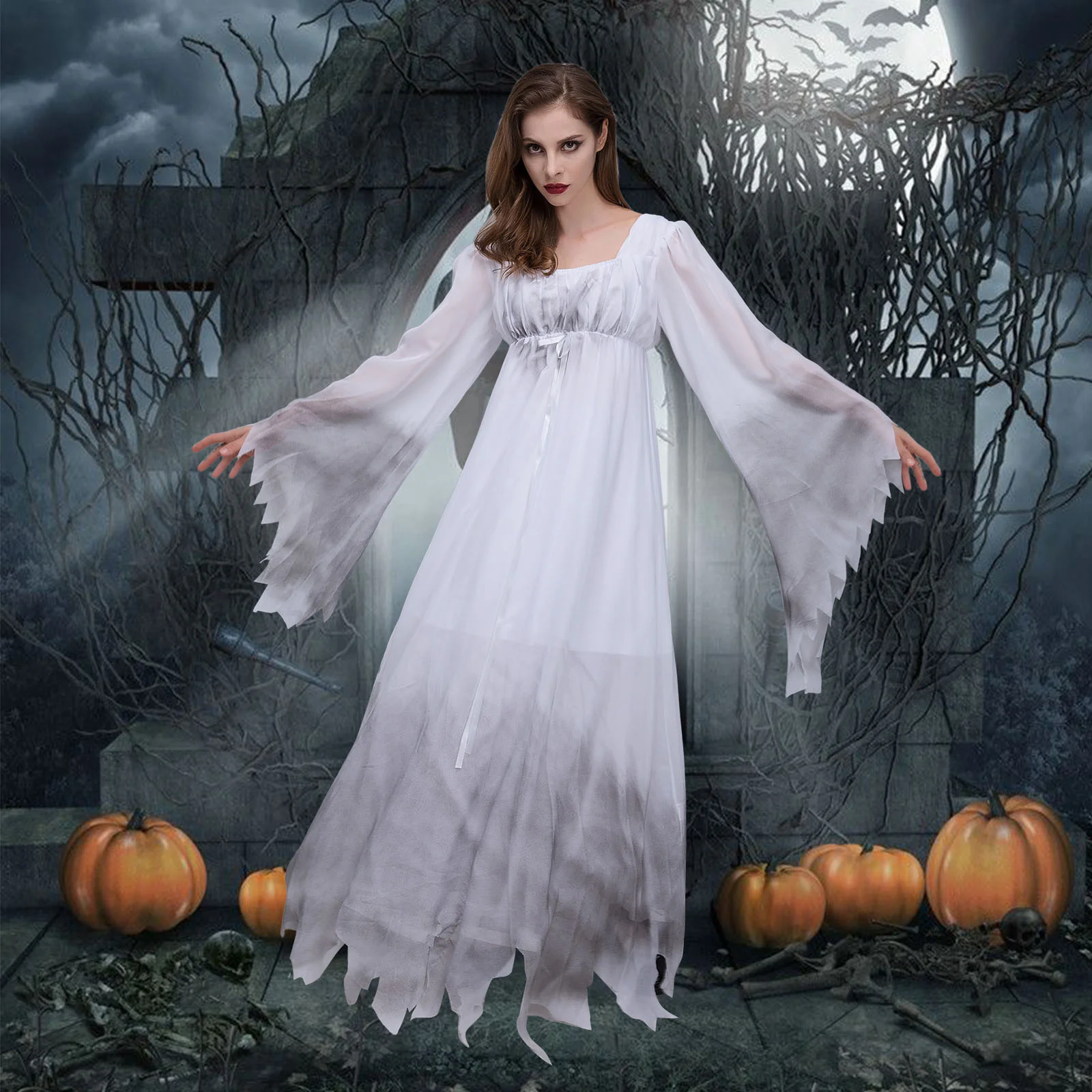 

Burnt White Lace Ghostly Wedding Sleeves Scary Wedding Dress Halloween Party Dress Mummy Woman Dress Doom Ghost Wedding Dress