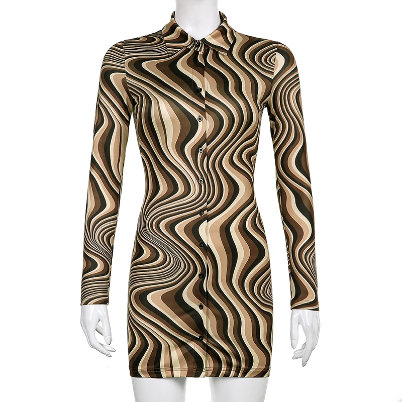

Single Breasted Elegant Summer Mini Dress Bodycon Long Sleeve Funny Printed Paisley Turn-down Collar Vintage Brown Dress Women