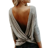 new women casual loose sexy backless twisted long sleeve bow tops tees solid color open back pullover tops autumn for women