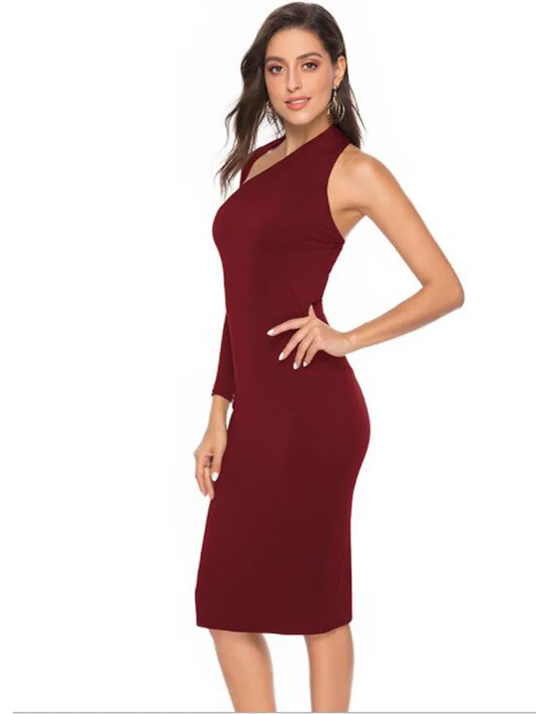 

2019 autumn Women one shoulder Bodycon bandage hole Dress Single-sleeve Backless Slim sexy Evening Party Dress Vestidos