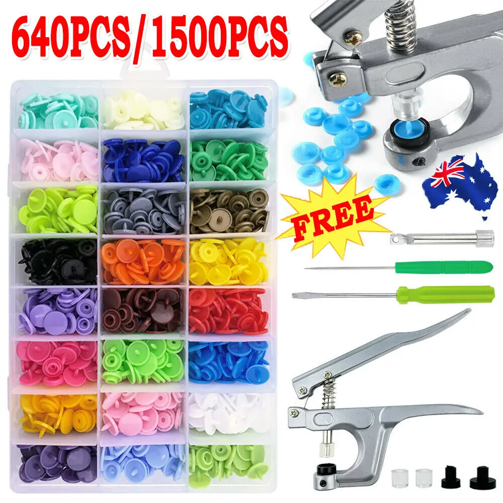 

KIWARM 15/24Colors 640pcs/1500pcs Metal Prong Snap Button Grommets Fasteners Kit w/Hand Pressure Plier Tools DIY Clothing Crafts