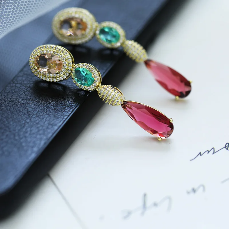 

Red Crystal Teardrop Long Earring Bridal Drop Earrings for Women Fashion Wedding Jewelry Party Gift