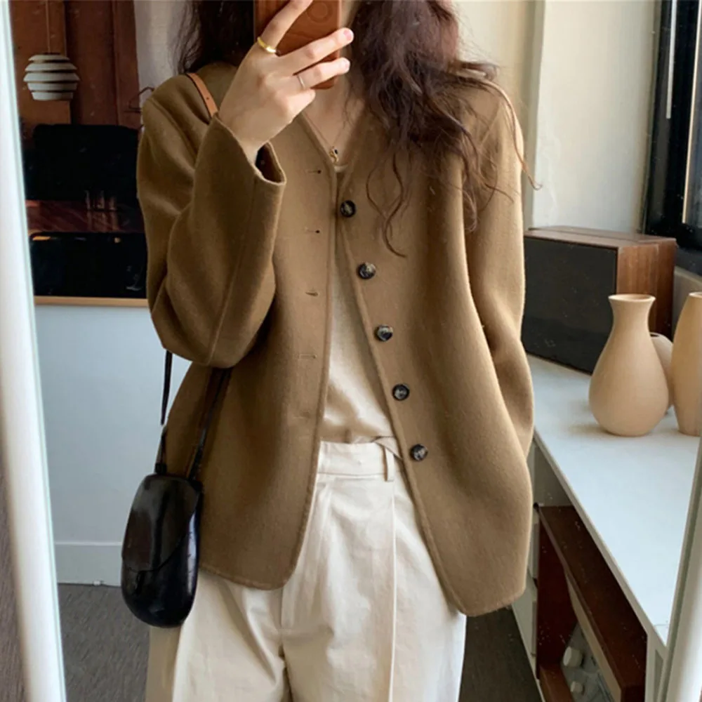 

Jackets For Women 2021 Autumn Double-sided Cashmere Coat Ladies Korea Fashion New Single-breasted Short Woolen Outwear Куртки