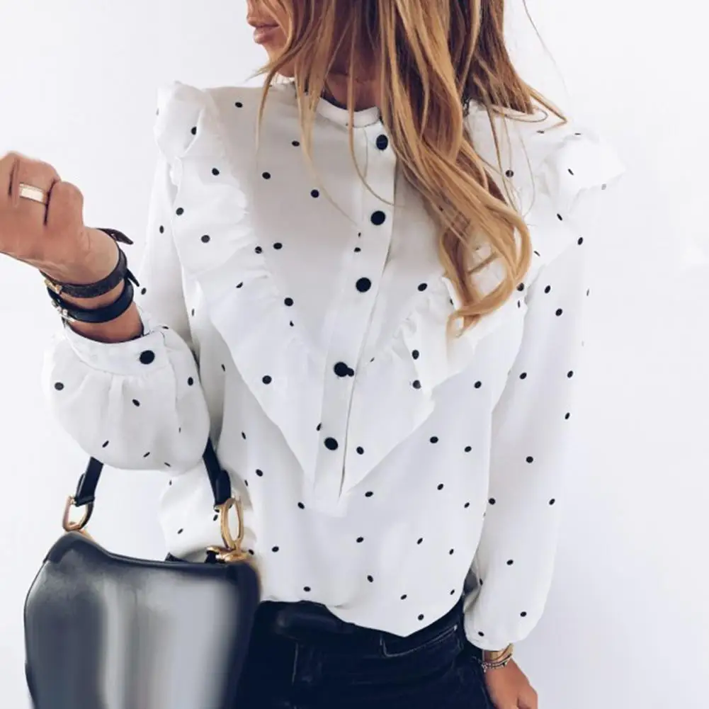 

Fashion Womens Office Lady Polka Dot Print Long Sleeve Blouse Cuff Tied Button Ruffled Shirt Female Blouse