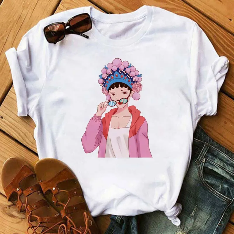 

Fashion Chinese Opera Art Print Women T Shirt Summer Casual Short Sleeve T-shirt Ladies White Tshirt Tops O Neck Tee Shirts