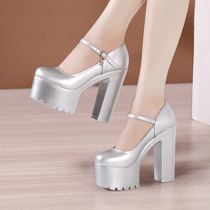 

High Heels Women Thick Sole Platform Round Head 15cm Night Club Performance Dance Shoes