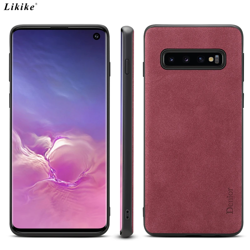 Likike Frosted Leather Back Phone Case for Samsung Galaxy S10 Plus Silicone Frame Cover Vintage Luxury Plain Style Fashion |
