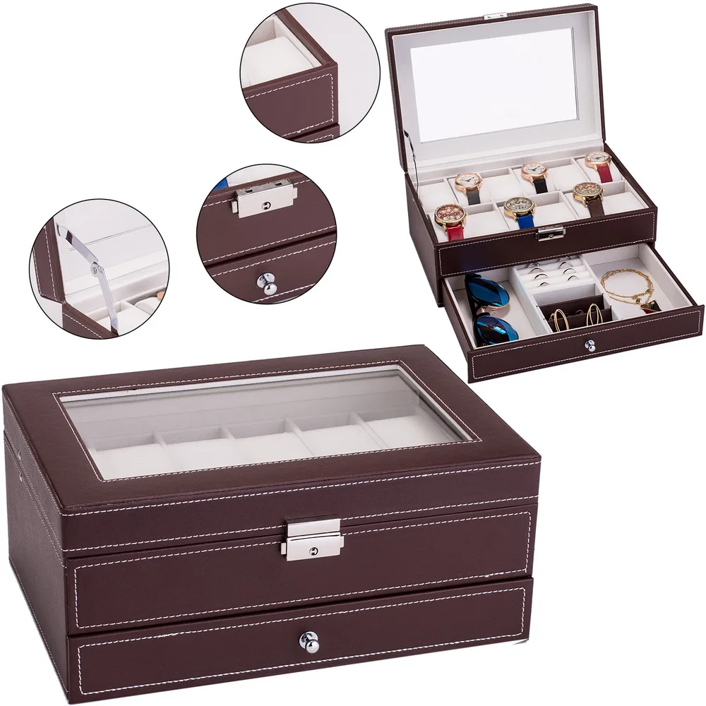 

12 Slots Watch Box Men Jewelry Display Case Organizer 2 Tier Lockable with Real Glass Top Faux Leather Brown/Black[US-Stock]