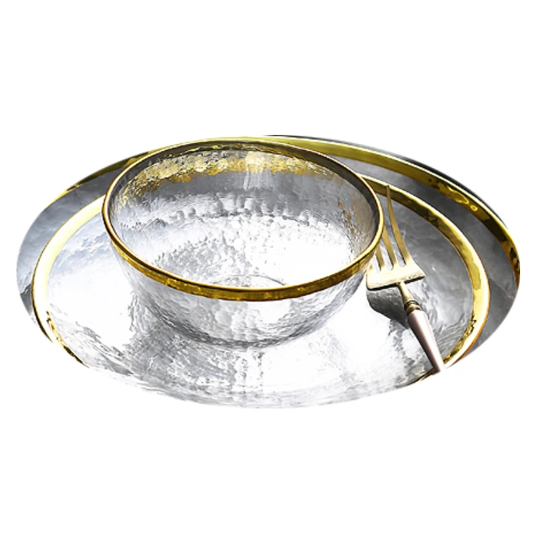 

Glass Tableware Set With Golden Inlay Steak Plate Salad Soup Bowl Dishes Party Event Decoration