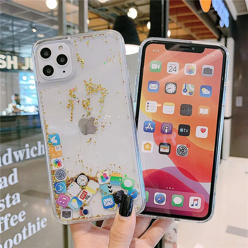 

Luxury Glitter Dynamic Quicksand Phone Case For iPhone 11 Pro XS MAX XR X 8 7 6 6S Plus Cute Apps Icon Hard Cover Clear Cases