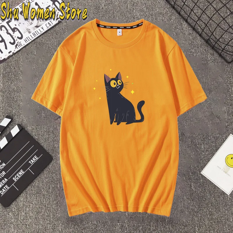 Черная футболка в стиле Харадзюку женские топы с принтом виде мультяшного кота и
