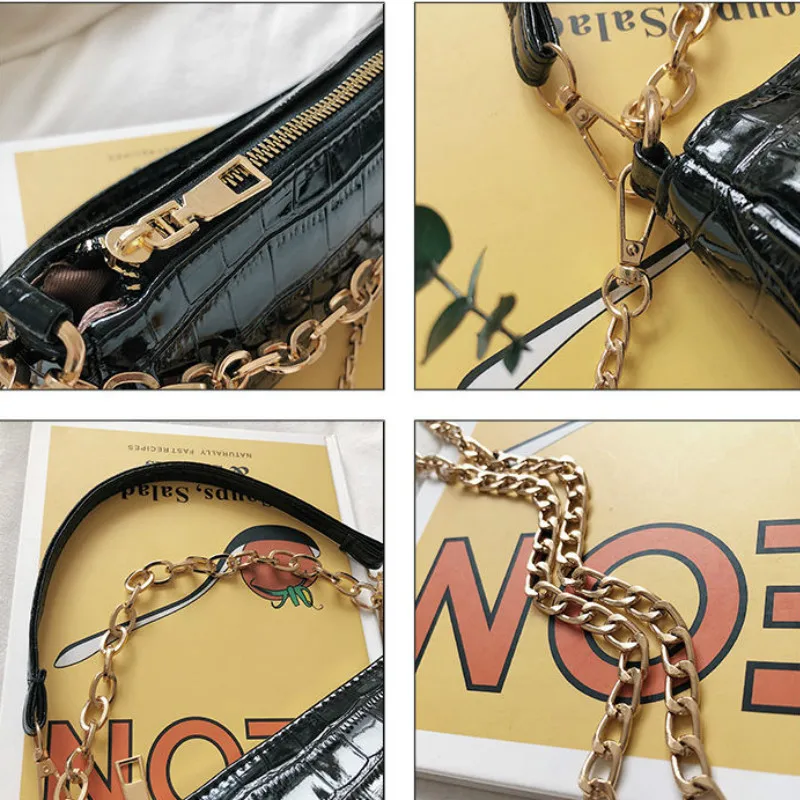 

Crocodile Pattern Baguette Women Trendy Luxury Shoulder Bags Two-Chain Portable Small Handbag New Design Vintage Armpit Bag Chic