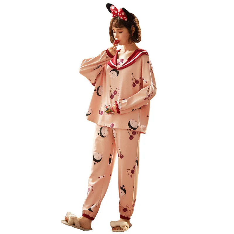 Autumn Winter Cotton Pajamas Women's Long-sleeved Suit Sweet and Cute Doll Collar Home Service Women Can Wear Ladies Pajamas