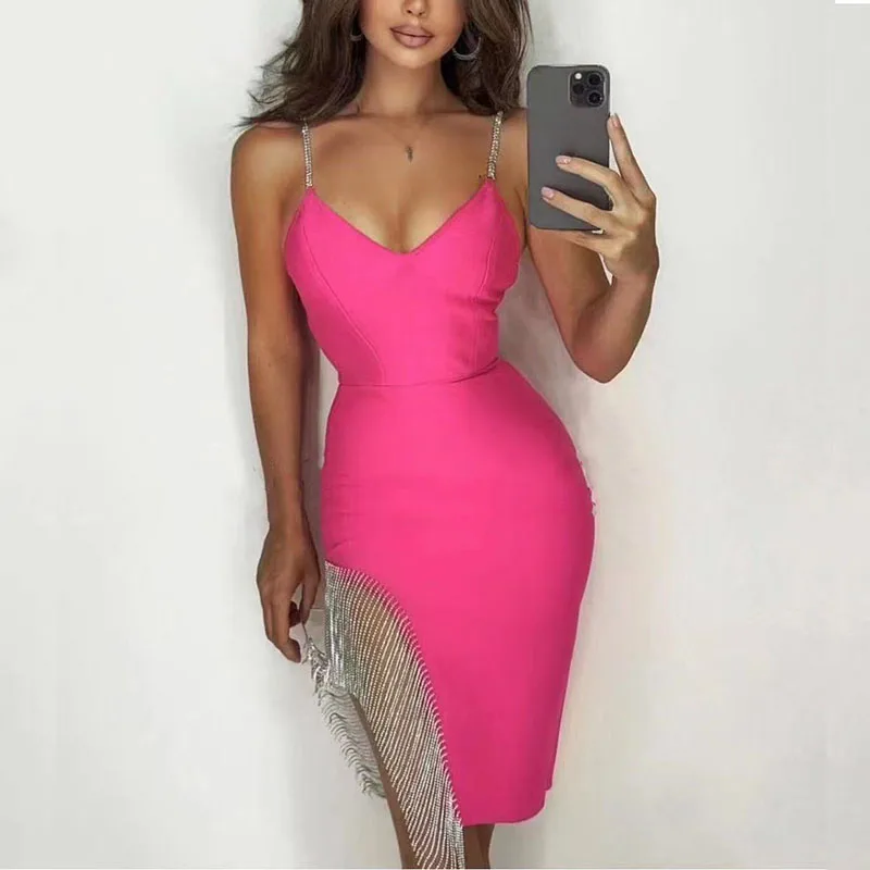 

Женское облегающее платье миди на бретелях-спагетти с V-образным вырезом, элегантное вечернее платье с открытой спиной, кисточками и высоки...