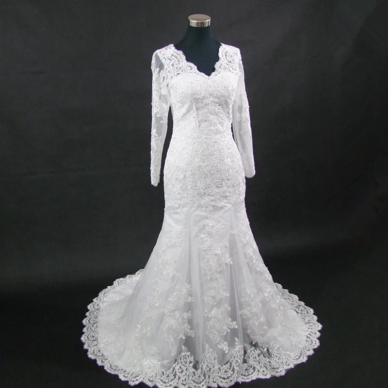 Свадебное платье русалки с длинным рукавом кружевное со шлейфом и аппликацией 2020