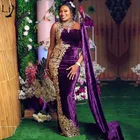 Бархатные вечерние платья, марокканский кафтан с круглым вырезом, Аппликации, золотые кружева, фиолетовый рукав-накидка, мусульманское платье для выпускного вечера, арабское платье-Русалка для вечеринки