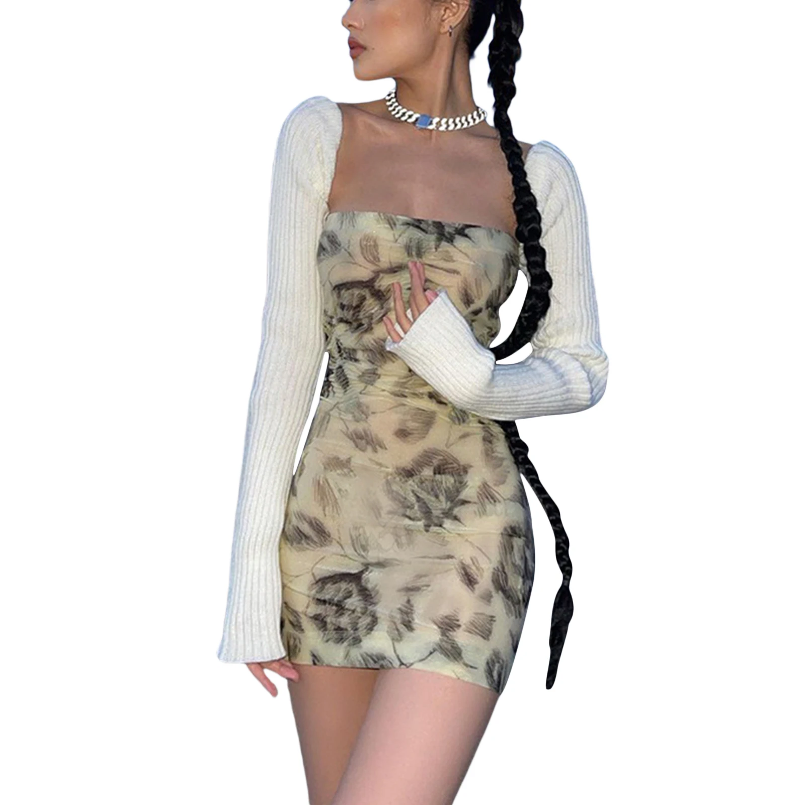

2Pcs Women Summer Outfit Abstract Print Off-Shoulder Sheath Dress with Removable Knit Long Sleeves for Girls