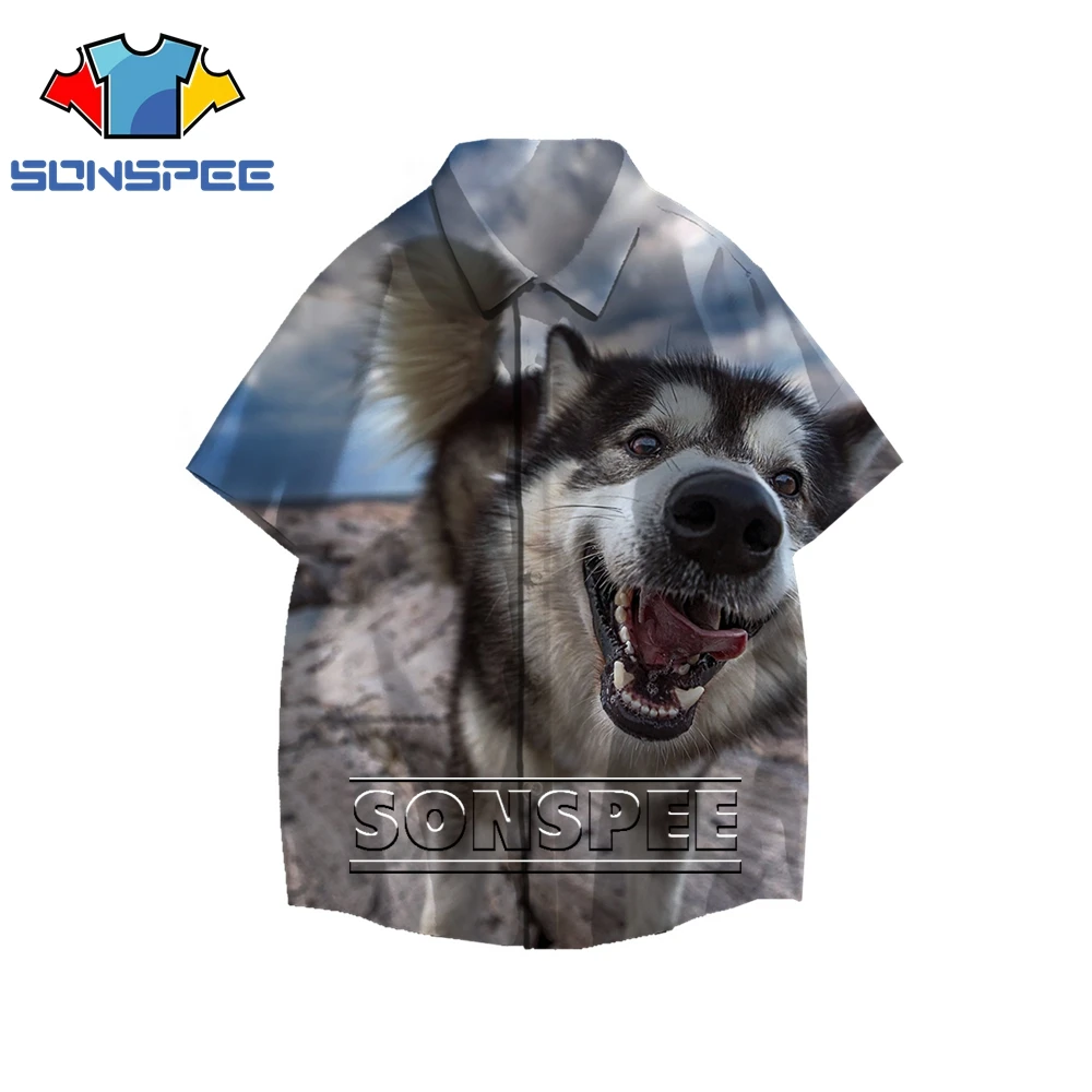 

SONSPEE Cute Funny Animal Husky 3D Men's Shirt Summer Casual Original Personality Hip Hop Cool Breathable Hawaiian Beach Top