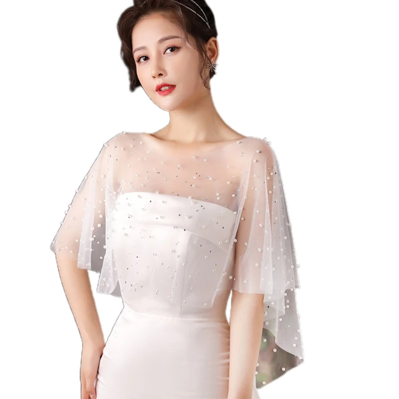 

Women Sheer Tulle Pleated Wedding Shawl Rhinestone Pearl Beads White Capelet Bolero Vintage High Low Shrug Wrap Cover Up
