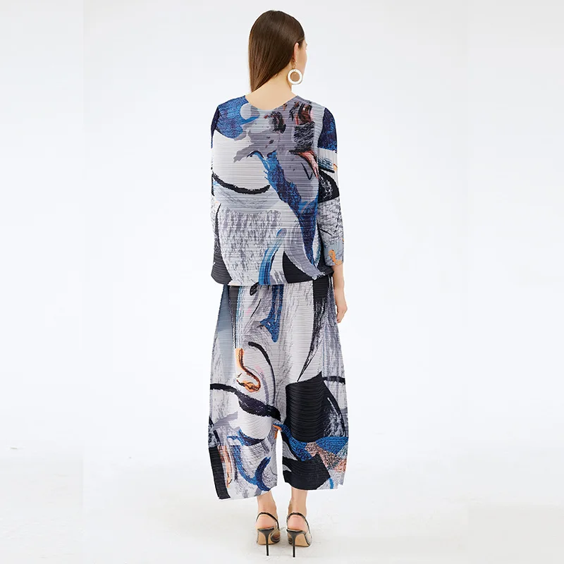 DEAT Pleated Suit Woman Graffiti Ink Print Full Sleeve Over Size Top + Wide Leg Drop Pants Casual Style 2022 New Spring TX697 |